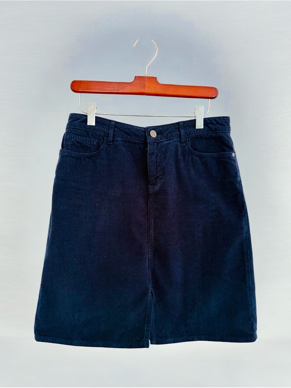 Fat Face navy corduroy skirt with cream label detail